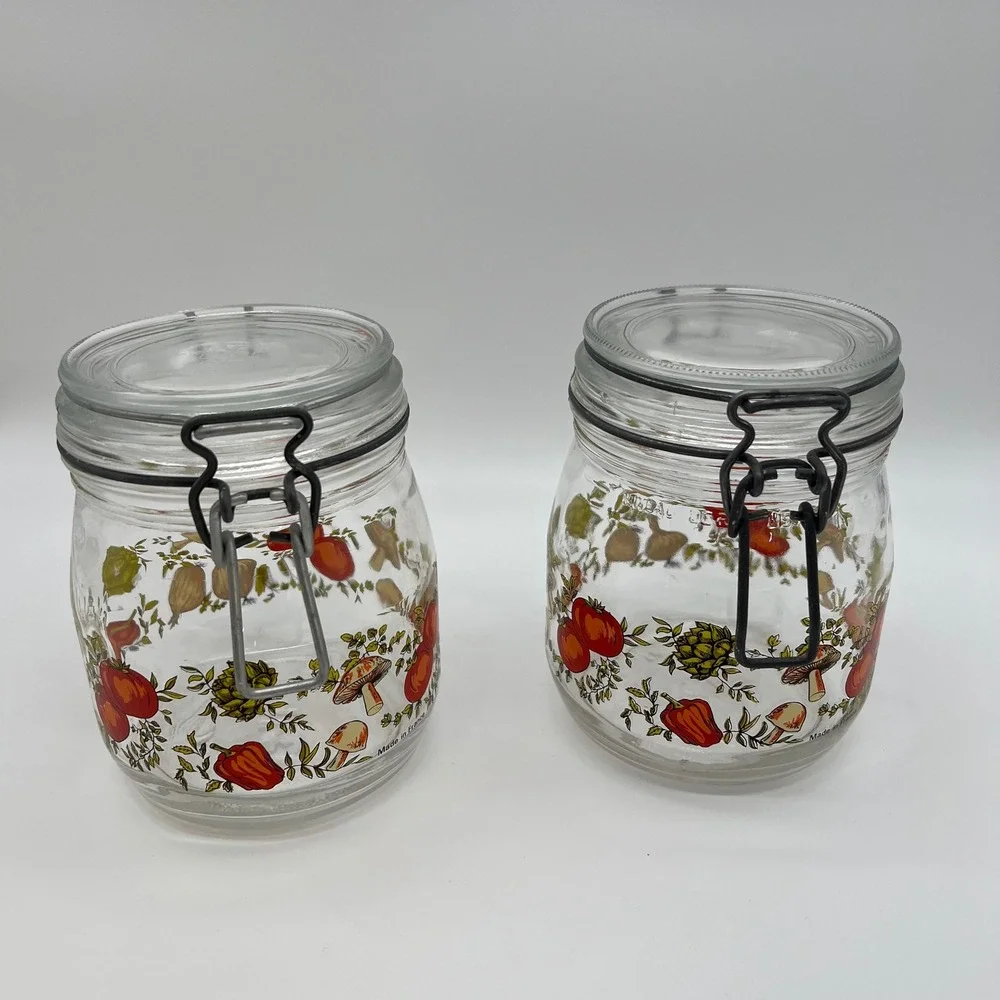 VTG Arc Franc Spice Of Life Vegetable Glass Canister Jars Set 5 Mushroom Toa